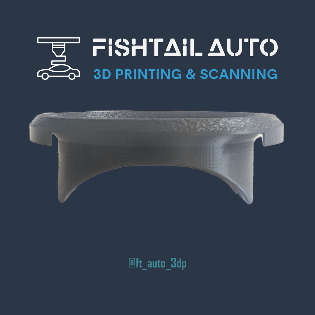 A 3D-printed curved bracket or clip shown on a dark blue background with the text 'FISHTAIL AUTO 3D PRINTING & SCANNING' and '@ft_auto_3dp'.