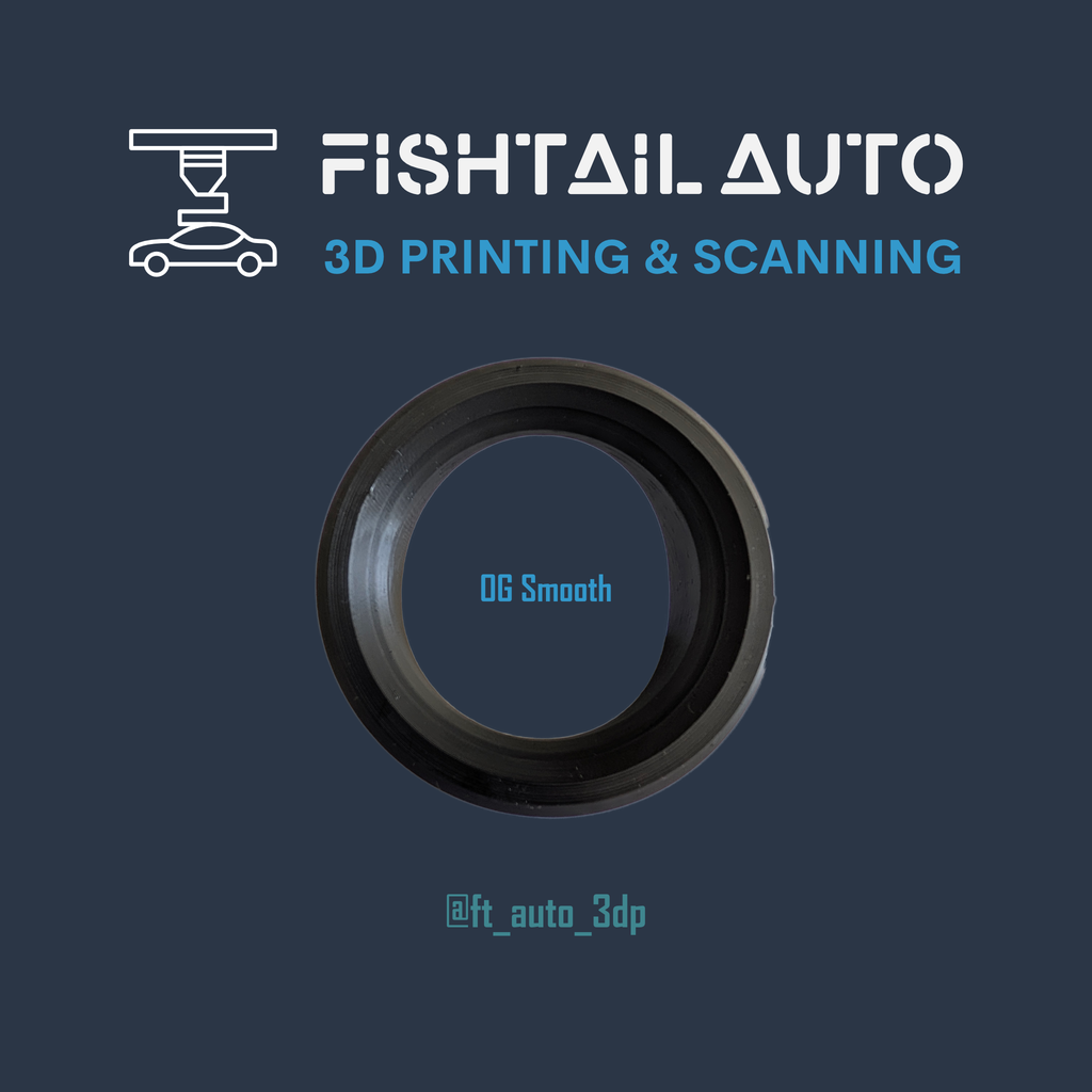 A circular black and dark gray ring-like product centered on a dark blue background, with the text 'FISHTAIL AUTO 3D PRINTING & SCANNING' at the top and '@ft_auto_3dp' near the bottom. The ring has the words 'OG Smooth' printed inside.