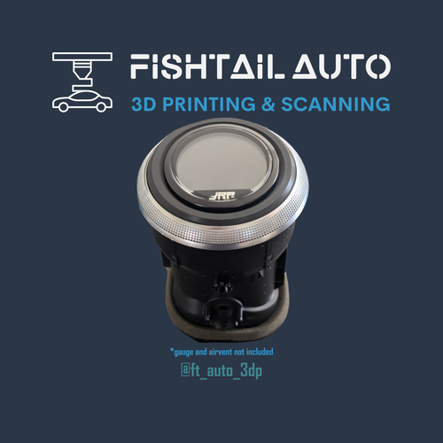 A 3D-printed circular gauge cover or lens protector with a silver metallic ring and black body, shown on a dark blue background with the text 'FISHTAIL AUTO 3D PRINTING & SCANNING'.