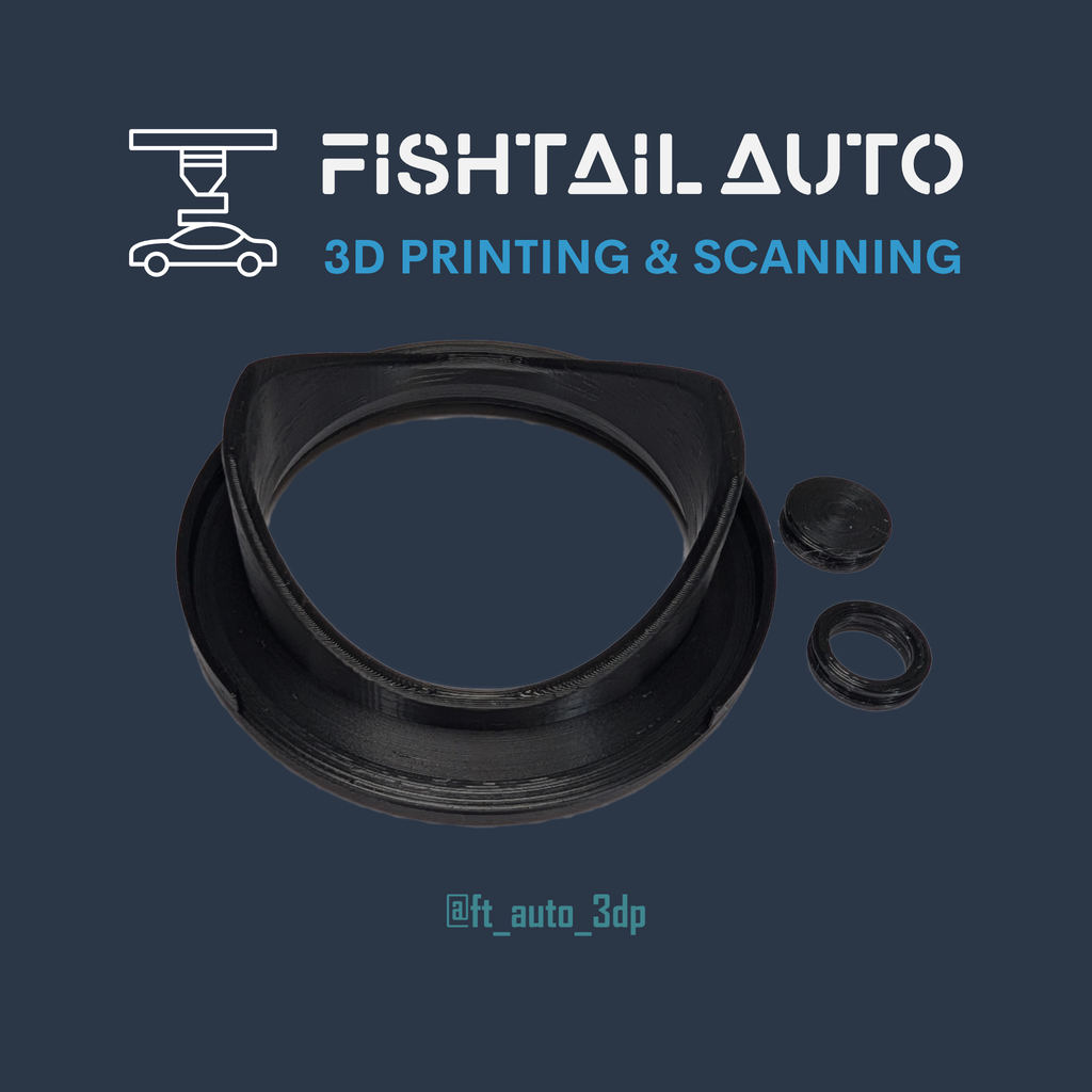 A black plastic lens hood protector ring with two small matching caps, shown on a dark blue background with the text 'FISHTAIL AUTO 3D PRINTING & SCANNING' and a social handle.