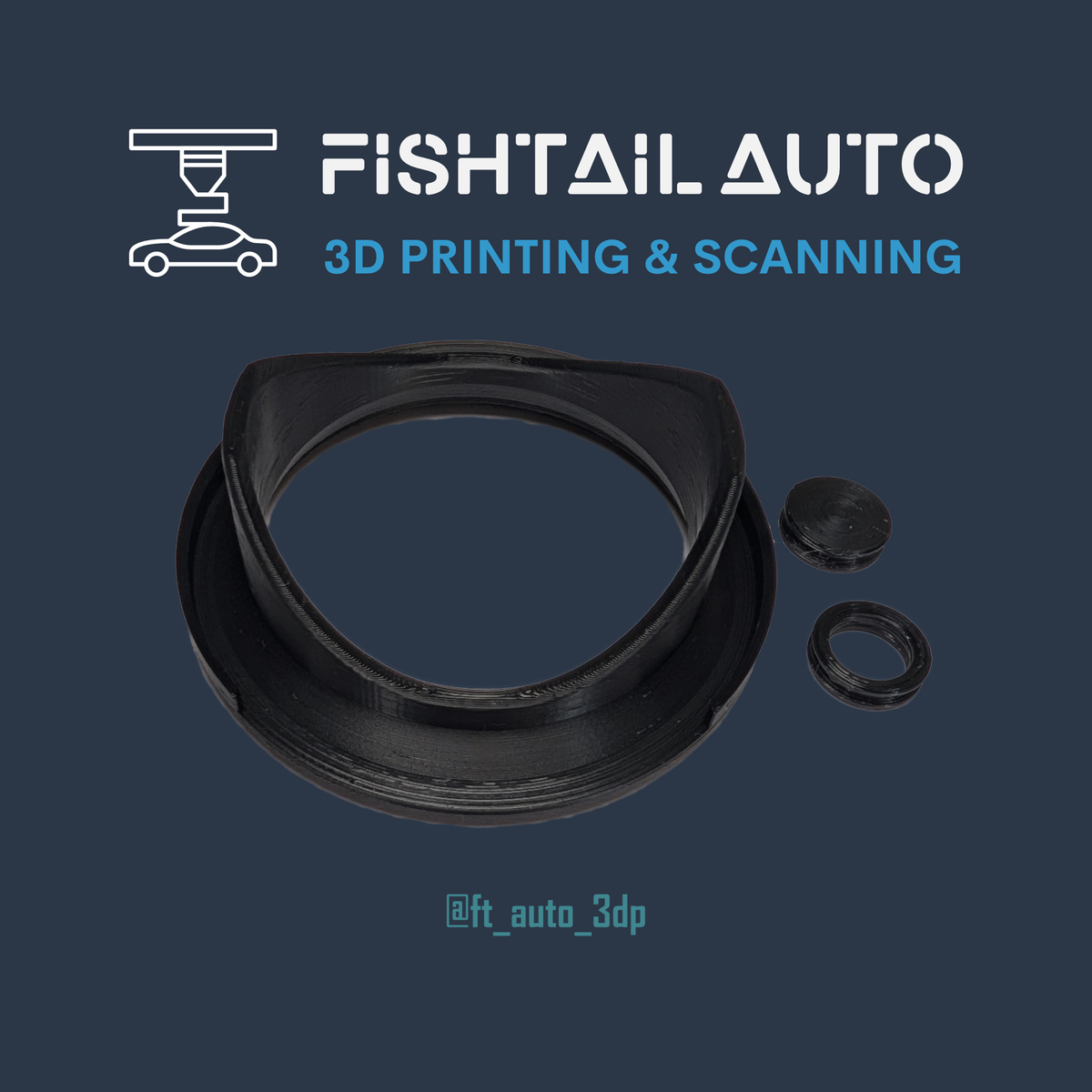 A black plastic lens hood protector ring with two small matching caps, shown on a dark blue background with the text 'FISHTAIL AUTO 3D PRINTING & SCANNING' and a social handle.
