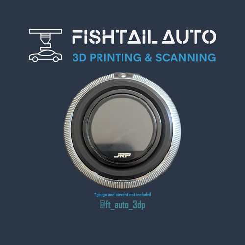 A circular automotive dial or gauge cover with a silver textured outer ring and a dark center, shown on a dark blue background with the text 'FISHTAIL AUTO 3D PRINTING & SCANNING' and a small line drawing of a car on the upper left.